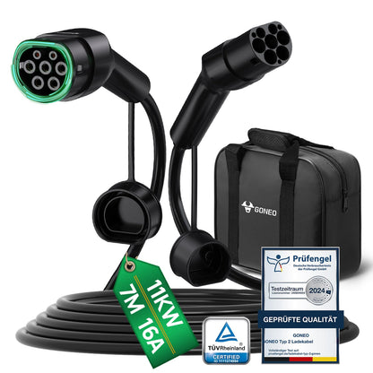 GONEO Typ 2 Ladekabel 11 kW 7 m 3-phasig für E-Auto und PHEV mit versilbertem Stecker und Tragetasche