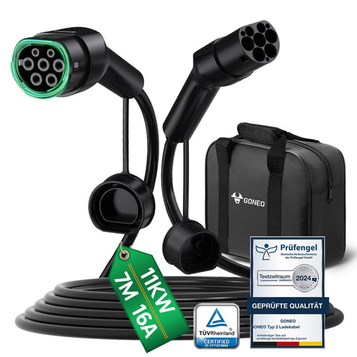 GONEO Typ 2 Ladekabel 11 kW 7 m 3-phasig für E-Auto und PHEV mit versilbertem Stecker und Tragetasche