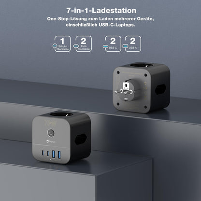 VEFVE Steckdosenwürfel 70 W mit USB-C, 7-in-1 Mehrfachsteckdose GaN