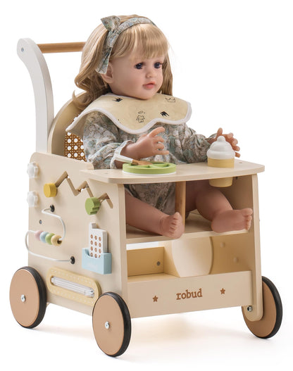 ROBUD Holz Lauflernwagen 2-in-1 - Puppenwagen Montessori Board