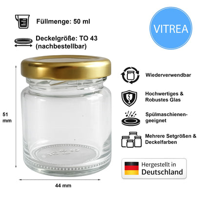 Vitrea Mini-Marmeladengläser 50 ml mit Schraubdeckel Gold, 100 Stück