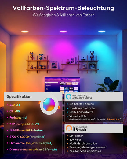 VARICART LED Einbaustrahler 230V RGB+CCT 7W dimmbar IP44 6er Set