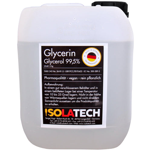 ISOLATECH Glycerin 99,5% Pharmaqualität, pflanzlich, 5L Kanister mit transparenter Flüssigkeit