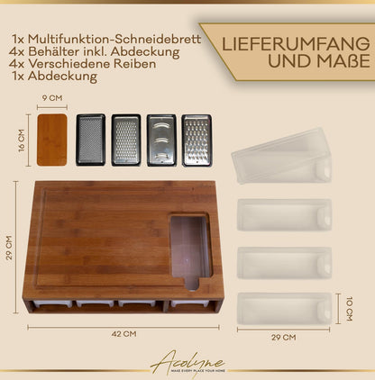Acolyne XXL Schneidebrett mit 4 Auffangschalen – karbonisierter Bambus