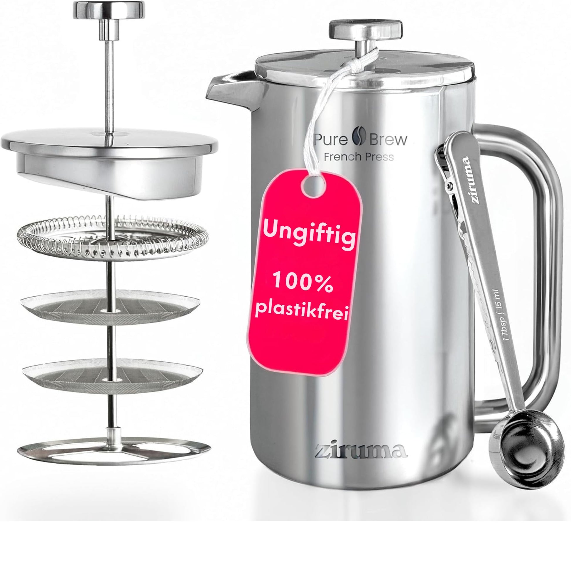 Ziruma French Press Edelstahl Kaffeebereiter doppelwandig, 1 Liter, mit 4-stufigem Filtersystem und Dosierlöffel