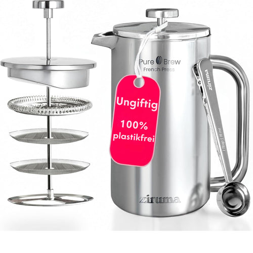 Ziruma French Press Edelstahl Kaffeebereiter doppelwandig, 1 Liter, mit 4-stufigem Filtersystem und Dosierlöffel