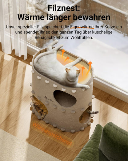 DownyPaws Katzenhöhle aus Filz, 2-stöckiges Katzenhaus, Beige