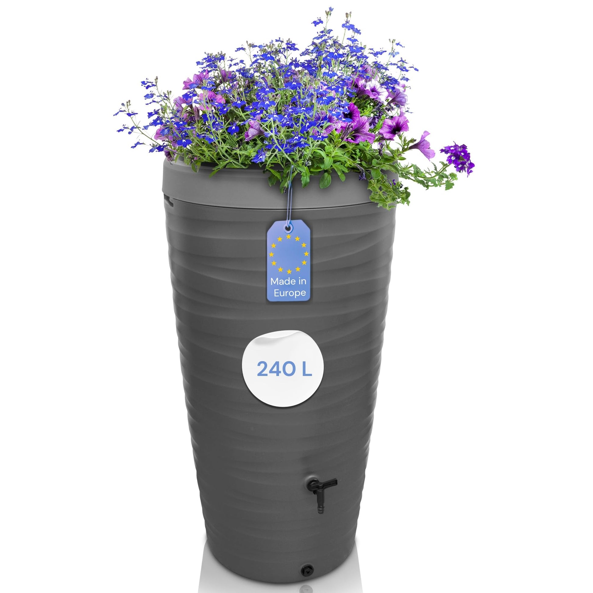 YourCasa Regentonne 240 Liter Wave Design mit Wasserhahn, Grau – schmaler Regenwassertank aus Kunststoff
