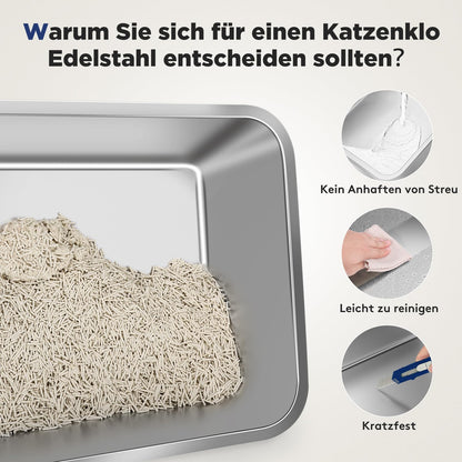 MIXJOY Katzenklo XXL Edelstahl mit Deckel, zwei Eingänge, 59x38x39 cm