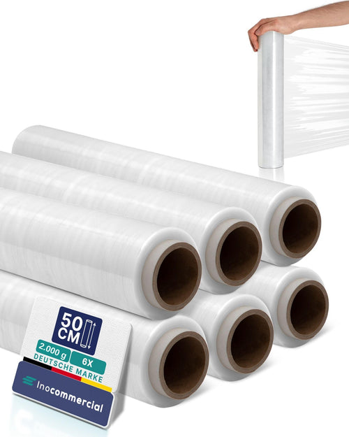 Inoverse Stretchfolie transparent, 6 Rollen à 50 cm x 300 m, Wickelfolie für Möbel und Paletten