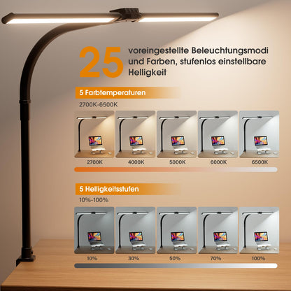 SIBRILLE LED Schreibtischlampe Doppelkopf, dimmbar, klemmbar, schwarz