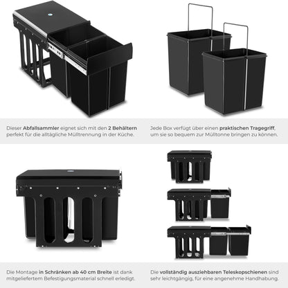 tectake Einbaumülleimer Ashlyn 2 x 15 L, ausziehbar, für Unterschrank