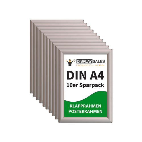 DISPLAY SALES Klapprahmen DIN A4 Silber 25mm Profil 10er Set. Silberne Klapprahmen für DIN A4 Poster. Schneller Motivwechsel durch Klappmechanismus.