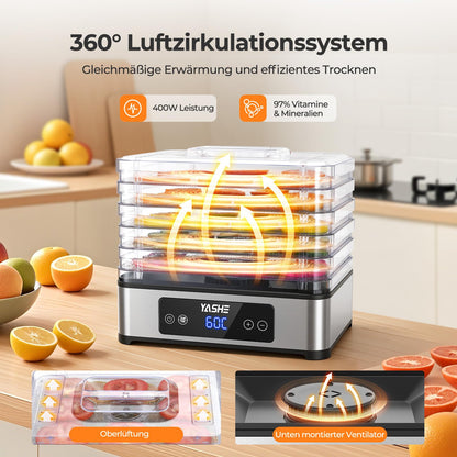 YASHE Dörrautomat FD-1019, 5 Edelstahl-Einschübe, 400 W, Timer