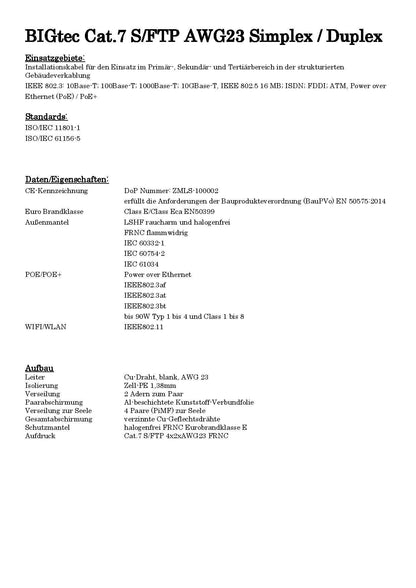 BIGtec CAT 7 Verlegekabel - 100m PiMF orange halogenfrei