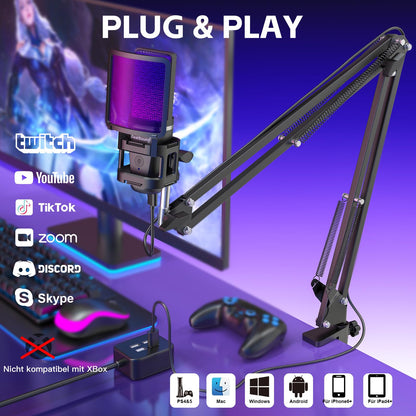 zealsound A68S USB-Gaming-Mikrofon Set mit Boomarm und Tischstativ