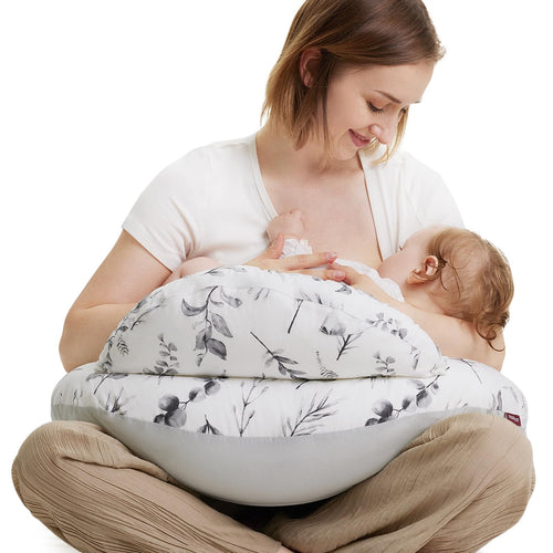 Momcozy Stillkissen mit Sicherheitsumrandung und Baumwollbezug – Blätter-Design in blasser Tinte