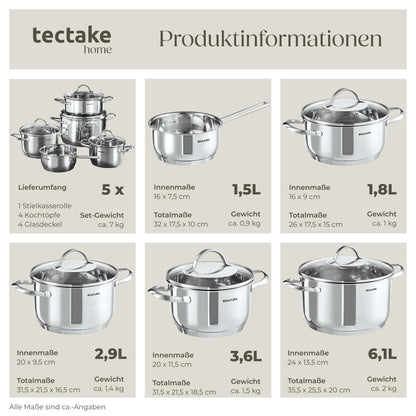 tectake Bologna II Topfset, 9-teiliges Kochtopfset aus Edelstahl