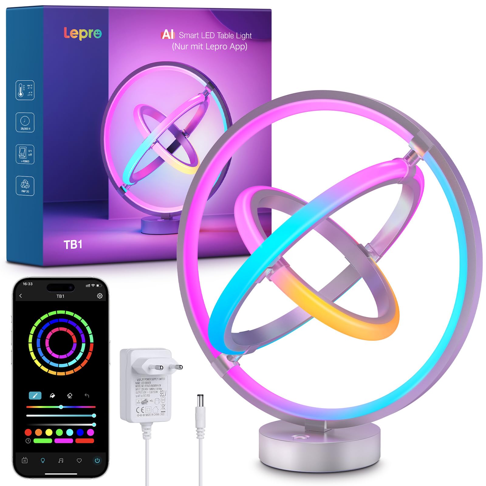 Lepro AI Smart Tischlampe TB1 - RGB+IC, App-Steuerung. Zylindrisch, leuchtet in dynamischen RGB+IC Farben zur Raumbeleuchtung per App.