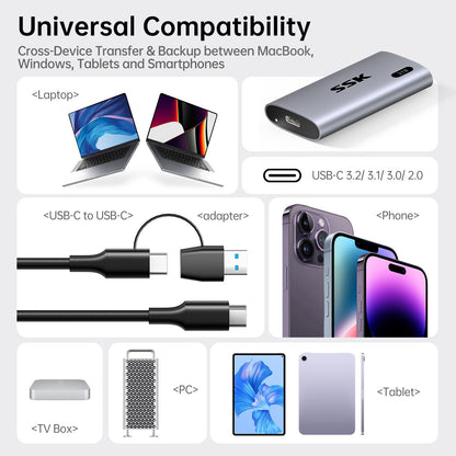 SSK 2TB Portable Externe SSD - USB-C 3.2 Gen2, 550 MB/s