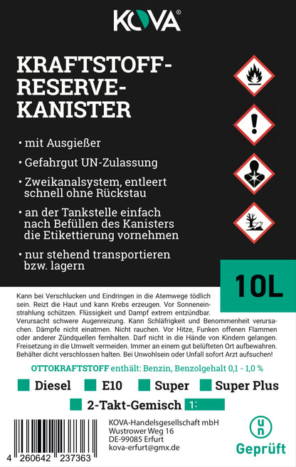 KOVA Benzinkanister 10 Liter mit Ausgiesser 4er-Set rot