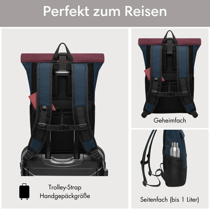 LARKSON No 4 Rolltop Rucksack mit 16 Zoll Laptopfach, blau-rot