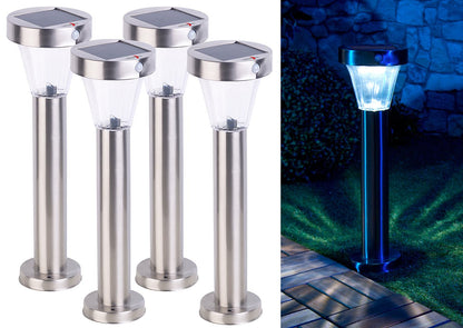 Lunartec Solar-LED-Wegeleuchte 4er-Set, Edelstahl, Sensor