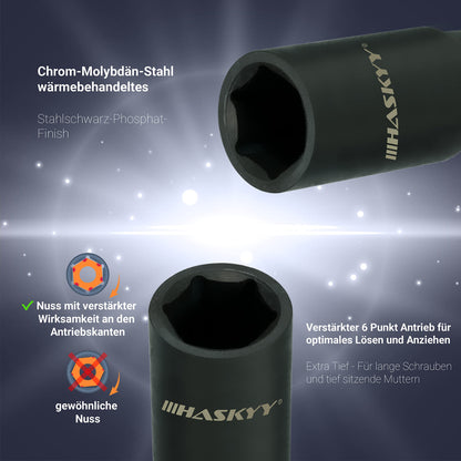 HASKYY Kraft Schlagschrauber Nüsse Satz 19-tlg. 1/2" 10-32mm