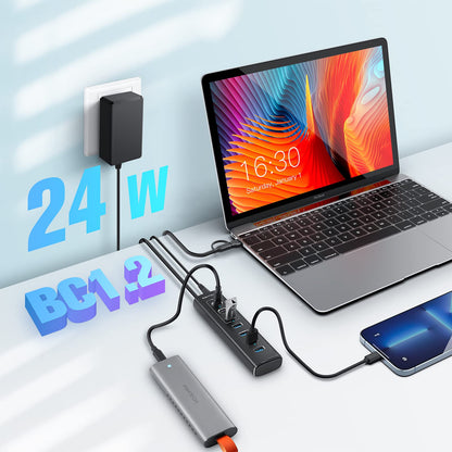 RSHTECH RSH-A107C aktiver 7-Port USB-C-Hub, Aluminium, 24W Netzteil