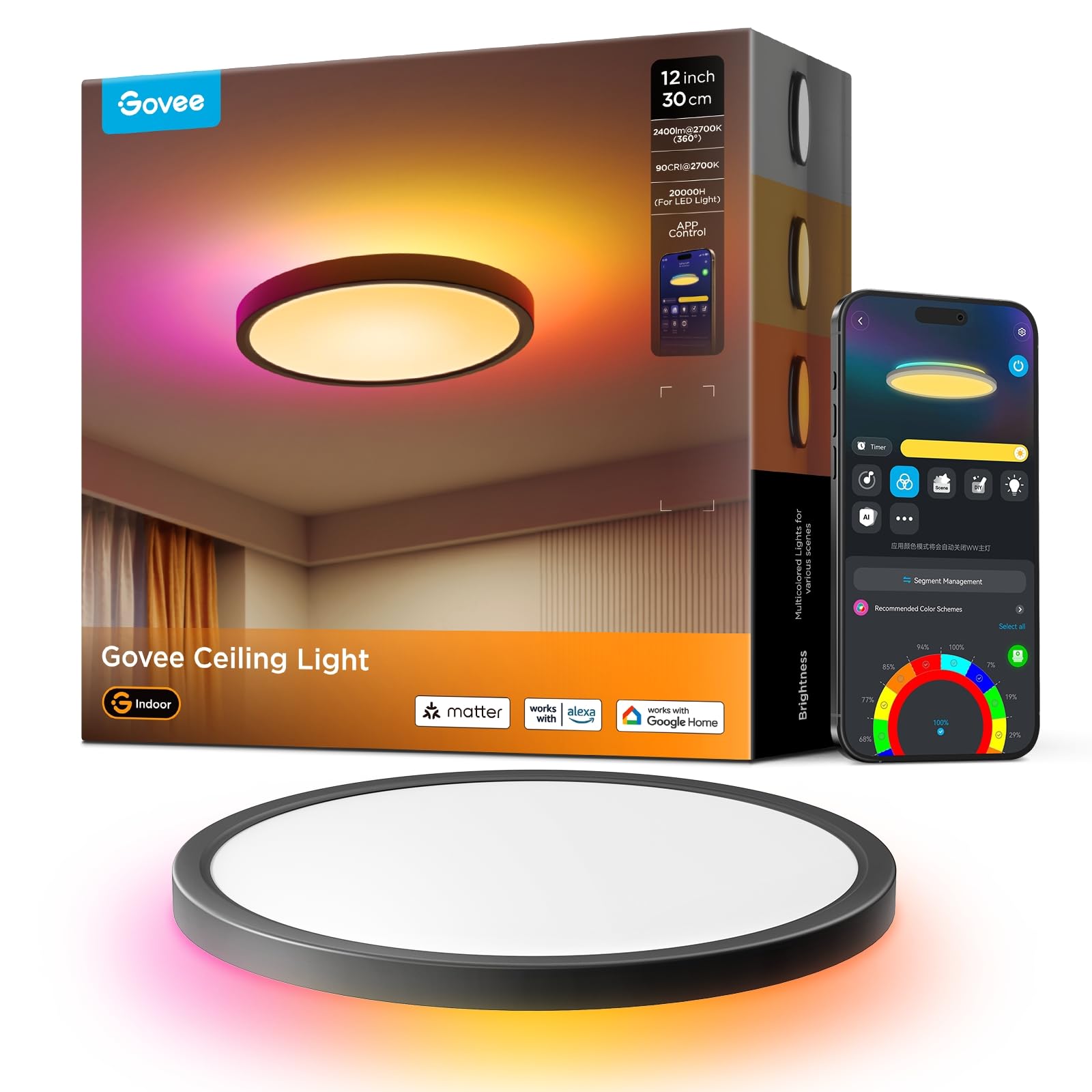 Govee RGBIC LED Deckenleuchte 24W dimmbar Ø30cm Matter schwarz, rund, zur Raumbeleuchtung