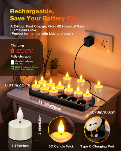 Yme LED Teelichter aufladbar, 12er Set mit Ladestation und Timer