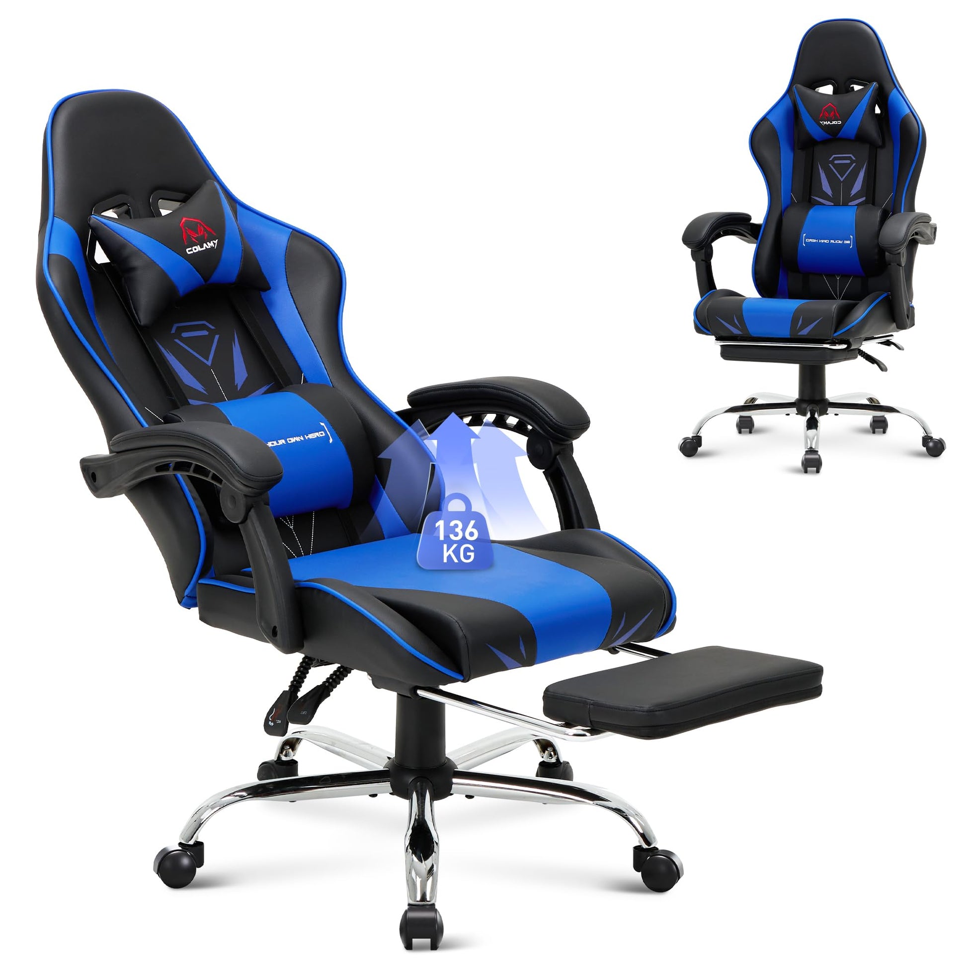 COLAMY Gaming Stuhl Ergonomisch mit Fussstütze - Blau. Blauer Gaming-Stuhl mit integrierter Fußstütze für ergonomisches Sitzen beim Gaming.