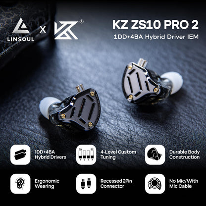 LINSOUL KZ ZS10 PRO 2 In Ear Monitor - Tuning, Mikrofon, Schwarz