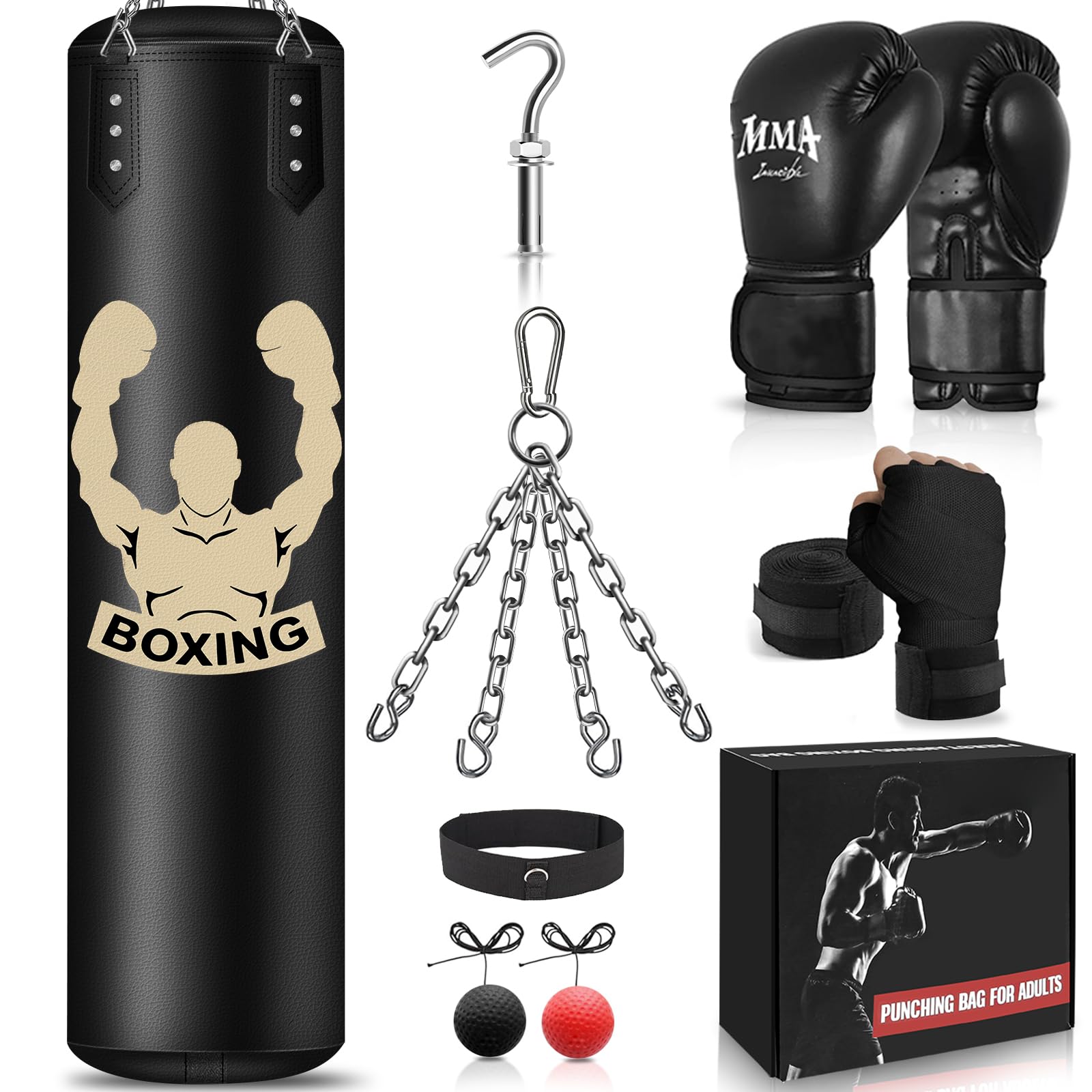 NZQXJXZ Boxsack hängend 120 cm, Boxset mit Handschuhen und Bandagen aus Mikrofaser-PU-Leder