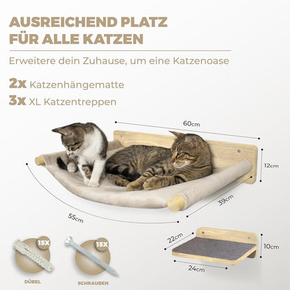 WOOWOOD Katzen Kletterwand Set mit Hängematte und Katzentreppe