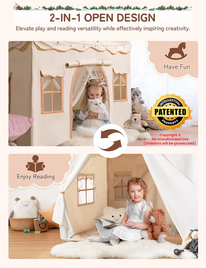 besrey 2 IN 1 Kinderzelt – Spielhaus beige mit Lichtern