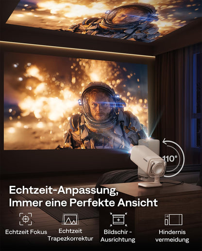 Aurzen Boom Air Mini Beamer mit Google TV, Full HD, USB-C, Cremeweiss