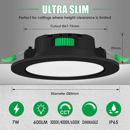 ALUSSO LED Einbaustrahler Flach Dimmbar IP65 Schwarz 7W – 6er Set