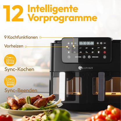 LLIVEKIT Heissluftfritteuse 9L Doppelkammer Airfryer mit Sichtfenster
