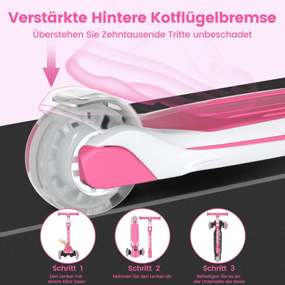 Yoleo Kinderscooter Dreiradroller mit leuchtenden Rädern, rosa-weiss