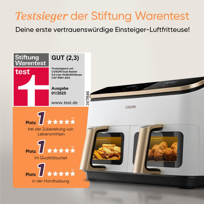 COSORI Airfryer Heissluftfritteuse – 2 Kammern, Sichtfenster, schwarz-weiss