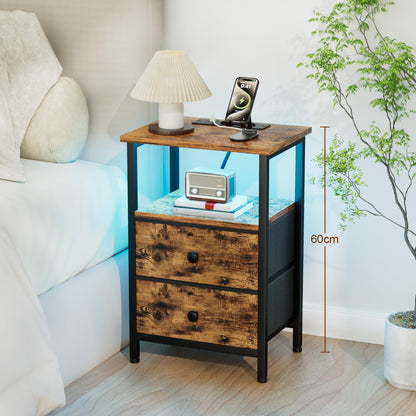 AMHANCIBLE Nachttisch mit LED, Ladestation und 2 Stoffschubladen