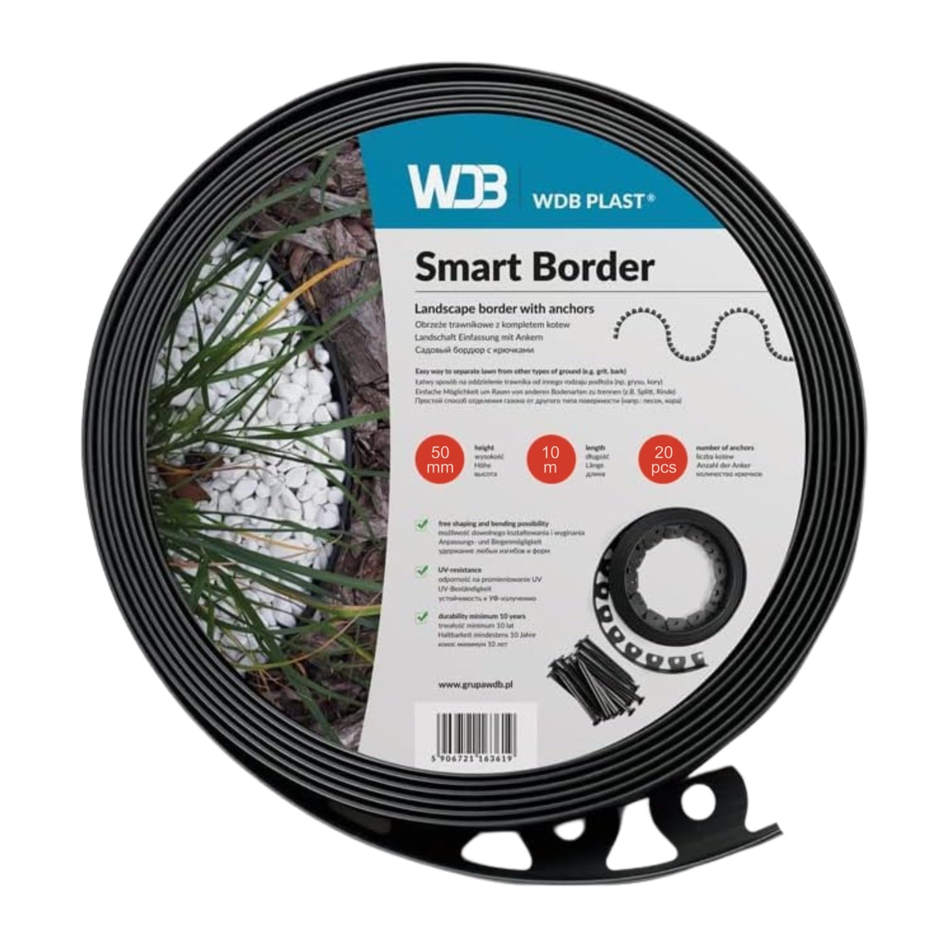 WDB Flexible Rasenkante Kunststoff 30m 5cm mit Nägeln - Schwarz. Zur sauberen Abgrenzung von Rasenflächen und Beeten.