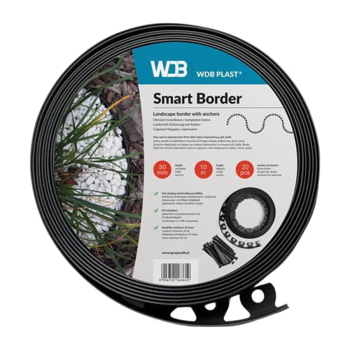 WDB Flexible Rasenkante Kunststoff 30m 5cm mit Nägeln - Schwarz. Zur sauberen Abgrenzung von Rasenflächen und Beeten.