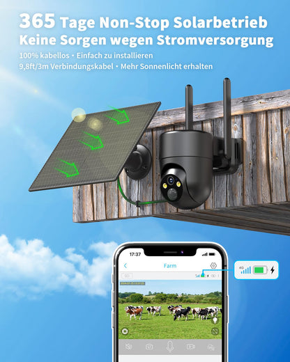 SEHMUA 4G LTE Solar Überwachungskamera Aussen mit SIM-Karte, 2K, Akku
