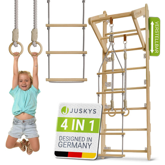 Juskys Sprossenwand Kinder Indoor – mit Klimmzugstange. Kompakte Turnwand mit integrierter Stange zum Turnen & Kraftübungen für Kinder.