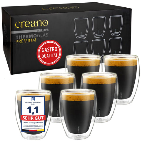 Creano Doppelwandige Trinkgläser 250 ml, 6er Set, spülmaschinenfest, transparentes Glas für Heiss- und Kaltgetränke