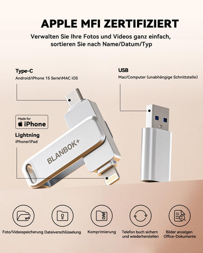 BLANBOK+ MFi 3-in-1 USB C Stick 512GB für iPhone 15