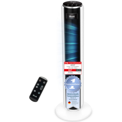 Levoit Turmventilator Flüsterleise Schlafmodus - Weiss 92cm. Weißer, 92cm hoher Turmventilator zur leisen Luftzirkulation im Raum.