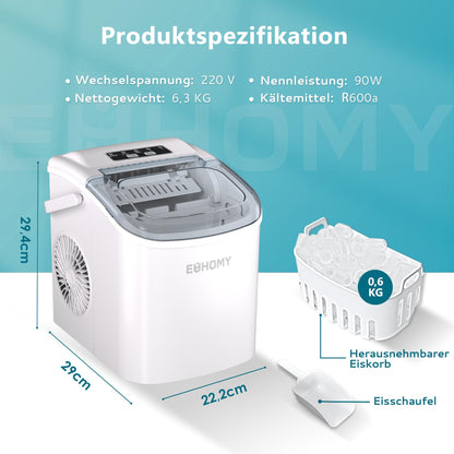 EUHOMY Eiswürfelmaschine, 9 Eiswürfel in 6 Minuten, 12 kg/Tag, weiss